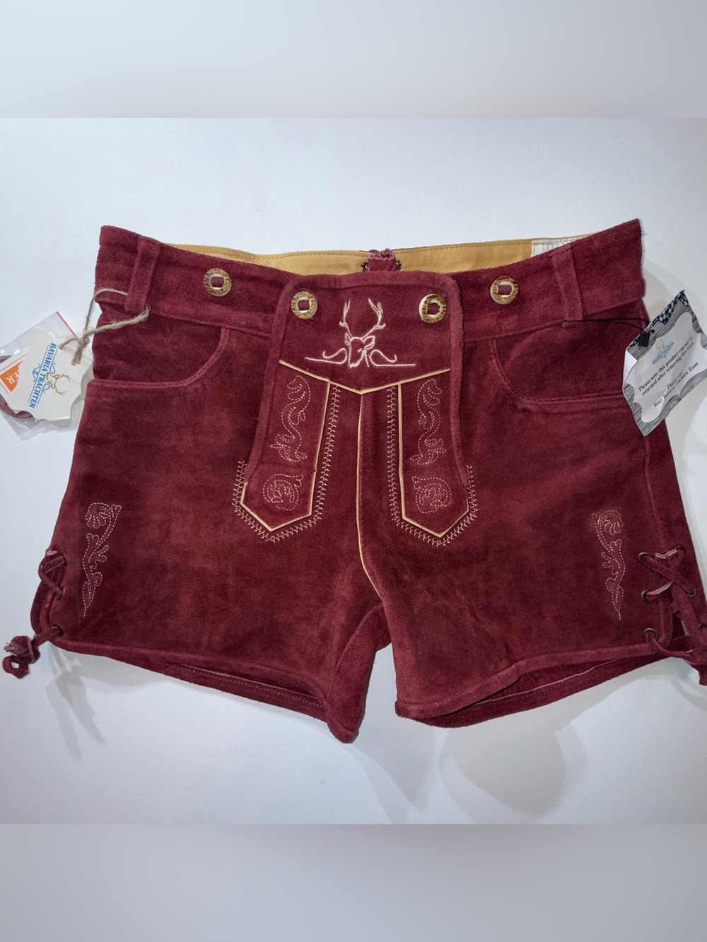 NWT Bavaria Trachten Women’s Red Genuine Leather Lederhosen Shorts Size 8